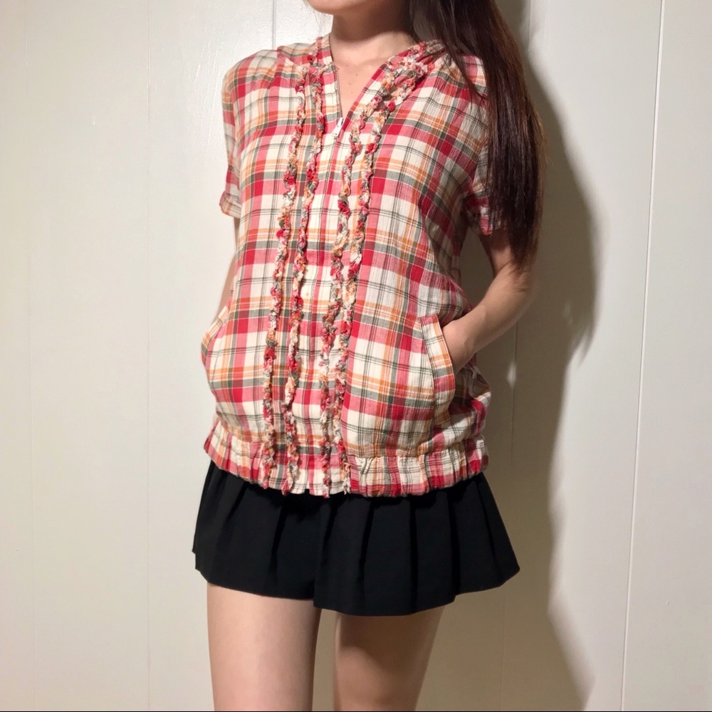Mouth Valley Hooded Plaid Zip Up Top